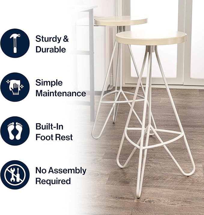JONATHAN Y BSL1002D Trinity 30" Modern Industiral Iron Tripod Backless Bar Stool for Home, Kitchen, Dining Room, Workspaces, Cafes and Resturants, Almond Seat with White Frame