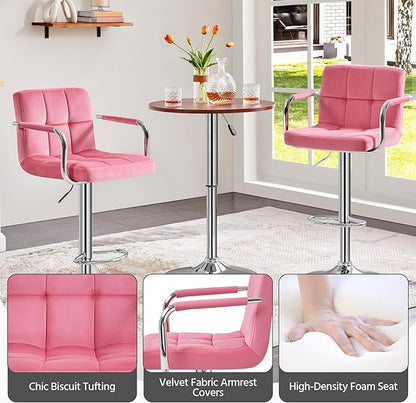 Yaheetech Bar Stools Set of 4, Velvet Fabric Swivel Barstools, Height Adjustable Counter Chairs, Modern Stools with Back for Bar Kitchen Island Dining Room, Pink