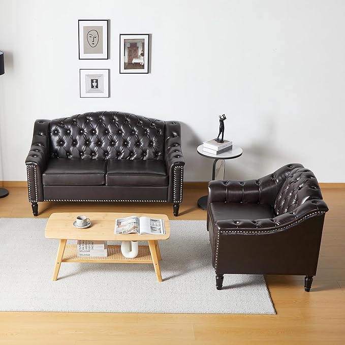 LEVNARY Chesterfield Loveseat Leather, Upholstered Sofa with Button-Tufted Back, Mid-Century Modern Sofa with Solid Wood Legs, 2 Seater Couches for Living Room (Brown)