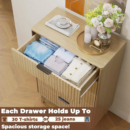 Modern Fluted 5 Drawer Tall Dresser, 48" H, Natural Oak, Curved Profile Design, Mid Century Wood Chest of Drawers for Bedroom, Living Room, Hallway