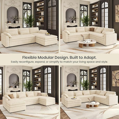 Belffin Large Modular Sectional Sofa with Double Deep Chaise and Loveseat, Corduroy U Shape Couch with 9" Soft Dual-Layer 9 Seats Cushion for Living Room, Apartment, Beige