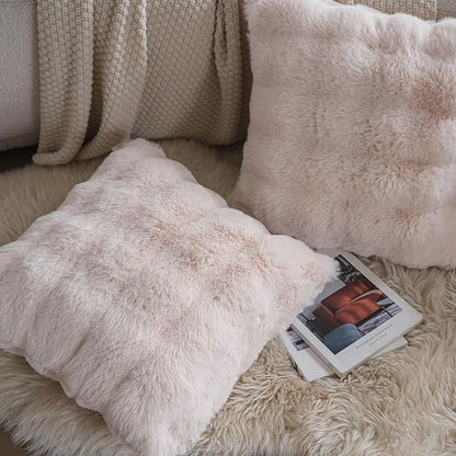 Neelvin Beige Faux Fur Cozy Soft Double-Sided Decorative Throw Pillow Covers 22x22 inch Set of 2,Velvet Pillowcase Cushion Case for Sofa Couch