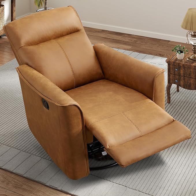 CANMOV Swivel Rocker Recliner Set of 2, Glider Rocking Chair, Nursing Chairs Swivel Glider Recliners with Soft Backrest, Leathaire Manual Reclining Sofa for Living Room Bedroom Apartment, Brown