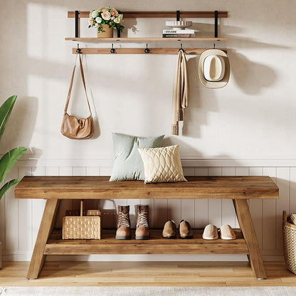 2-Tier Entryway Bench, Hallway Foyer Solid Wood Seating with Open Shelves, Wooden Shoe Bench Indoor for Entryway, Living Room, Bedroom (Rustic Brown)