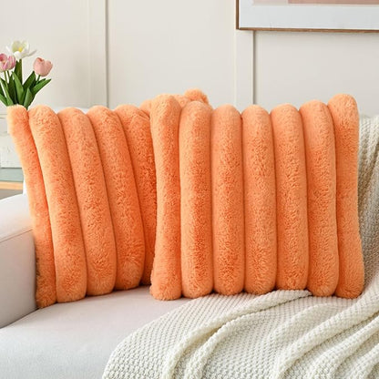 FUTEI Orange Decorative Throw Pillow Covers 20x20 Inch Set of 2, Square Soft Faux Rabbit Fur Thick Striped Cushion Cover,Winter Home Decor for Couch Bed Living Room