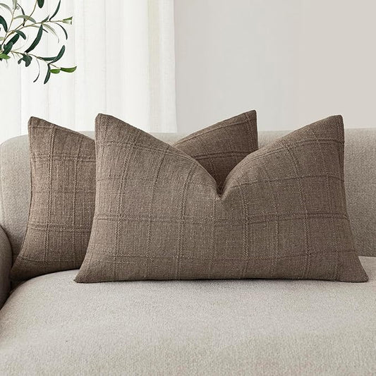 Foindtower Set of 2 Decorative Linen Check Throw Pillow Covers Neutral Farmhouse Lumbar Cushion Covers Modern Boho Home Decor for Sofa Chair Couch Bedroom Living Room,12×24 Inch,Taupe Grey