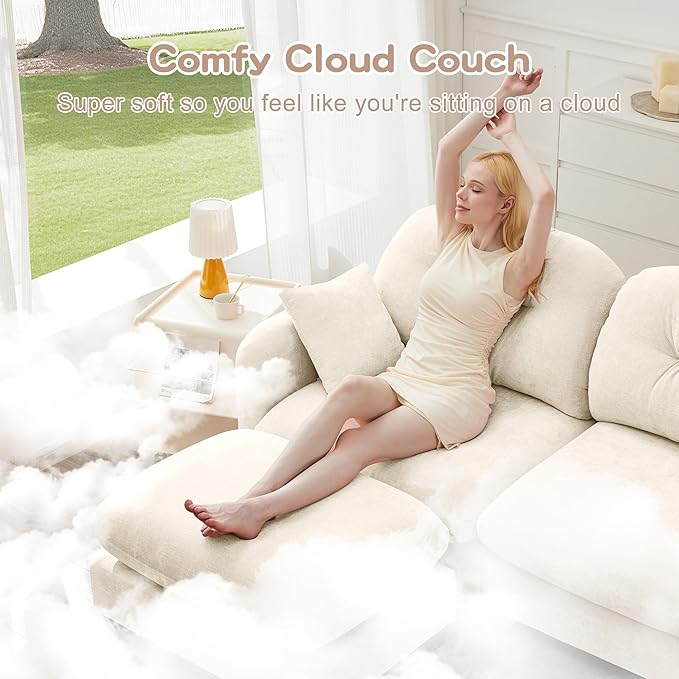 74" Loveseat L Shaped Sofa with Ottoman, Comfy Chenille Fabric Cloud Sectional Couch, Modern Upholstered Deep Seat Sofa with Armrest Pillow, Cloud Couch for Small Spaces Apartment, Beige
