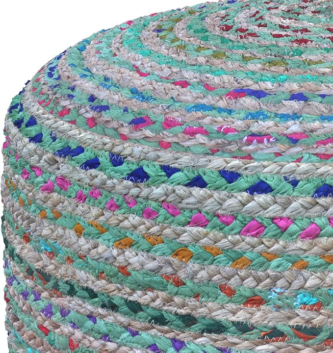 SIMPLIHOME Margo Boho Round Pouf in Green Braided Jute for the Living Room, Bedroom and Kids Room