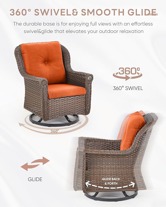 Patio Chairs Outdoor Swivel Glider - Set of 4 High Back Outside Brown Wicker Rattan Rocking Chair with Thick Cushion for Porch Apartment Deck Yard Poolside Garden - Orange