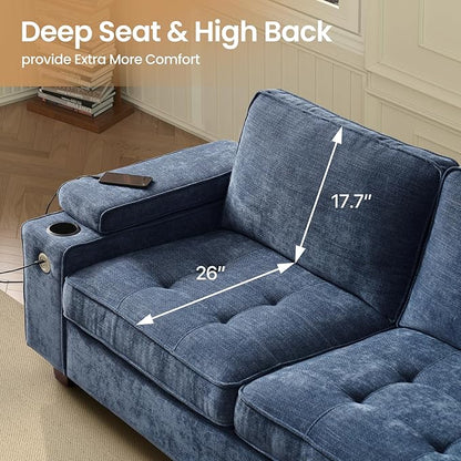 84" Loveseat for Living Room,Modern Chenille Upholstered 2-Seater Loveseat Couch for Apartment,Solid Wood Sofa with Adjustable Storage Armrest,Cup Holders,USB & Type-C Ports(Blue)