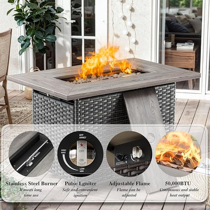 HUMMUH Patio Furniture Set with Fire Pit Table 5-Piece Wicker Outdoor Swivel Rocker Patio Chairs High Back Outdoor Couch Conversation Set for Porch, Backyard, Deck
