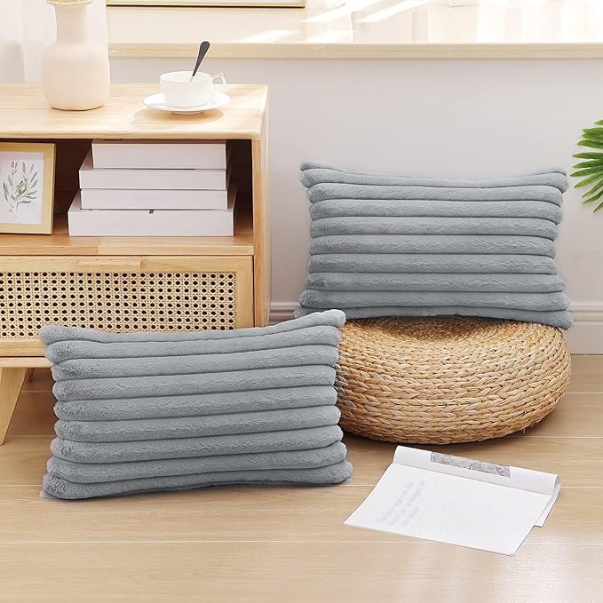 Pallene Faux Fur Plush Lumbar Throw Pillow Covers 12x20 Set of 2, Luxury Soft Fluffy Striped Decorative Pillow Covers for Sofa, Couch, Living Room, Grey