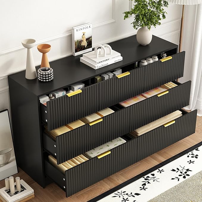 3-Piece Modern Bedroom Furniture Set, Wide 7-Drawer Dresser & 2-Drawer Nightstands Set of 2, Natural Wood Dresser and Nightstand Sets for Bedroom, Hallway, Black