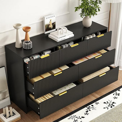 3-Piece Modern Bedroom Furniture Set, Wide 7-Drawer Dresser & 2-Drawer Nightstands Set of 2, Natural Wood Dresser and Nightstand Sets for Bedroom, Hallway, Black