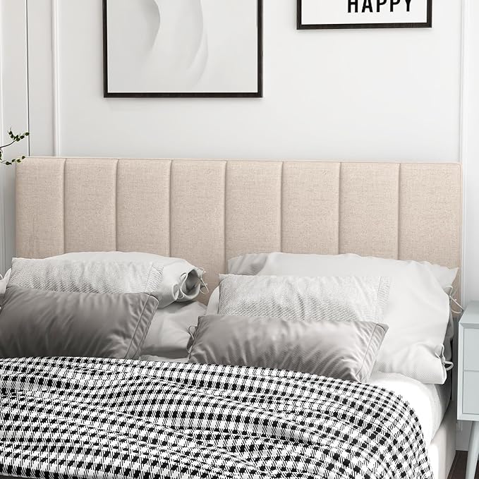 KOMFOTT Linen Upholstered Headboard for Full & Queen Size Bed, Vertical Channel Tufted Rectangular Headboard with Solid Wood Legs & Adjustable Width, Padded Bed Backboard, Easy Assembly, Beige