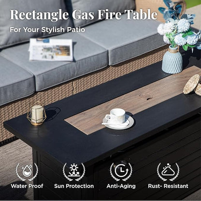 Patio Furniture Set 8 pcs, Wicker Outdoor Patio Furniture, 3-Seat Sofa, 4 Single Chairs, 2 Ottomans and 56" Gas Fire Pit Table, Rattan Patio Conversation Set for Backyard Deck, Grey