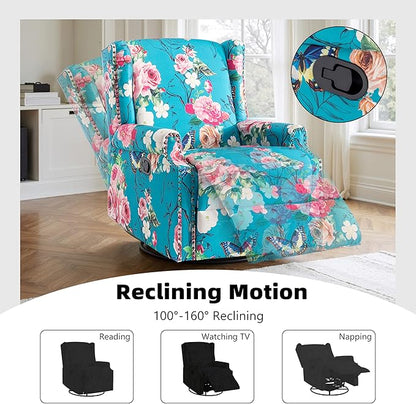 Premium 360° Swivel Recliner Chair with Footrest - Luxurious Cotton Linen & Botanical Design-Peacock Blue Rose