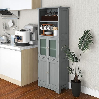 LOKO Tall Bathroom Cabinet, Modern Storage Organizer with Doors & Open Shelves, Wooden Floor Cabinet with Adjustable Shelves for Bathroom, Living Room or Kitchen (Grey)