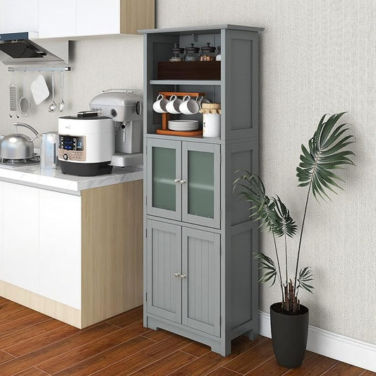 LOKO Tall Bathroom Cabinet, Modern Storage Organizer with Doors & Open Shelves, Wooden Floor Cabinet with Adjustable Shelves for Bathroom, Living Room or Kitchen (Grey)