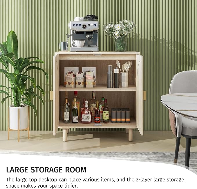 Beige Sideboard Cabinet with 2 Rattan Doors, Rattan Buffet Cabinet with Adjustable Shelves & Pine Legs, Boho Sideboard Buffet for Living Room, Kitchen, Entryway (Beige,1 PCS)