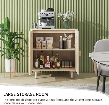 Beige Sideboard Cabinet with 2 Rattan Doors, Rattan Buffet Cabinet with Adjustable Shelves & Pine Legs, Boho Sideboard Buffet for Living Room, Kitchen, Entryway (Beige,1 PCS)