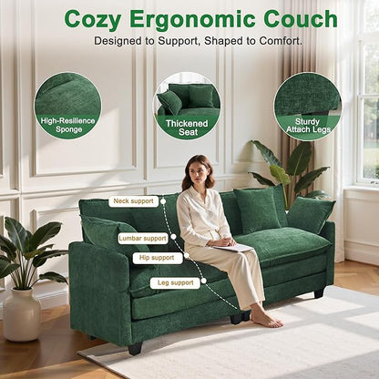 77" Cloud Chenille Sofa Set with Pillows, Deep Seat Loveseat Couch for Apartments, Space Saving 2-Seater with Solid Wood Frame, Easy Assembly (1YR Guarantee)