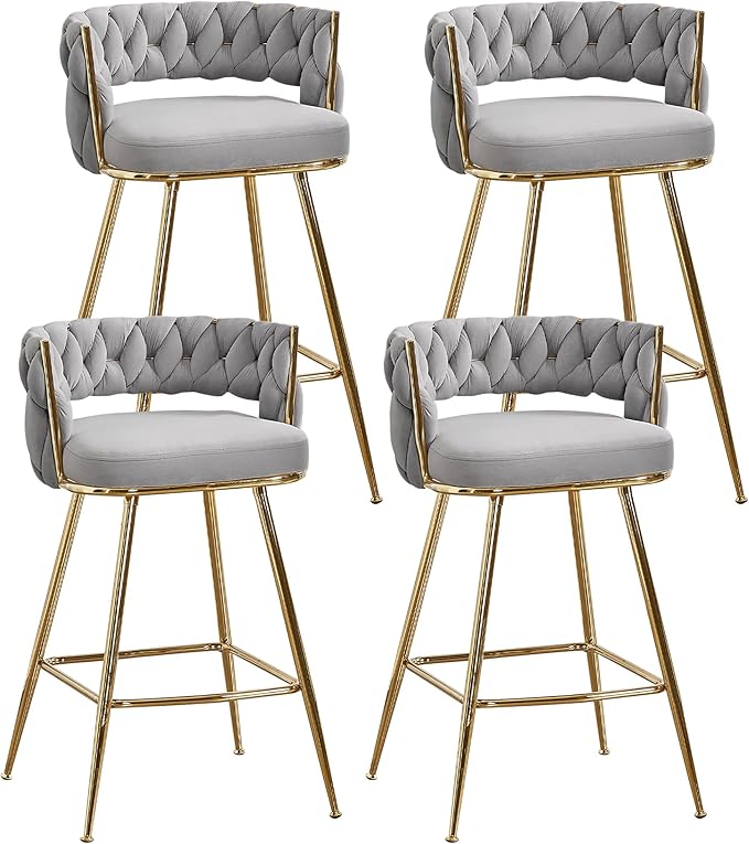 VECELO Bar Stools Set of 4, Counter Height Bar Stools, 26 inch Seat Barstools with Woven Back and Footrest for Kitchen Island Counter, Grey
