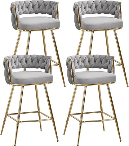 VECELO Bar Stools Set of 4, Counter Height Bar Stools, 26 inch Seat Barstools with Woven Back and Footrest for Kitchen Island Counter, Grey