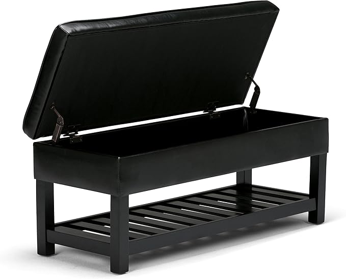 SIMPLIHOME Cosmopolitan 44 inch Wide Transitional Rectangle Storage Ottoman Bench with Open Bottom in Midnight Black Vegan Faux Leather, Assembled for the Living Room and Bedroom