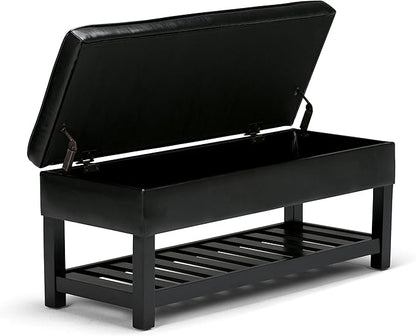 SIMPLIHOME Cosmopolitan 44 inch Wide Transitional Rectangle Storage Ottoman Bench with Open Bottom in Midnight Black Vegan Faux Leather, Assembled for the Living Room and Bedroom