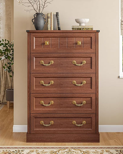 AOGLLATI Farmhouse 5 Drawers Dresser for Bedroom, 48” Tall Wood Rustic Chest of Drawers with Natural Texture, Vintage Design, Black Storage Dresser for Bedroom,Oak Brown