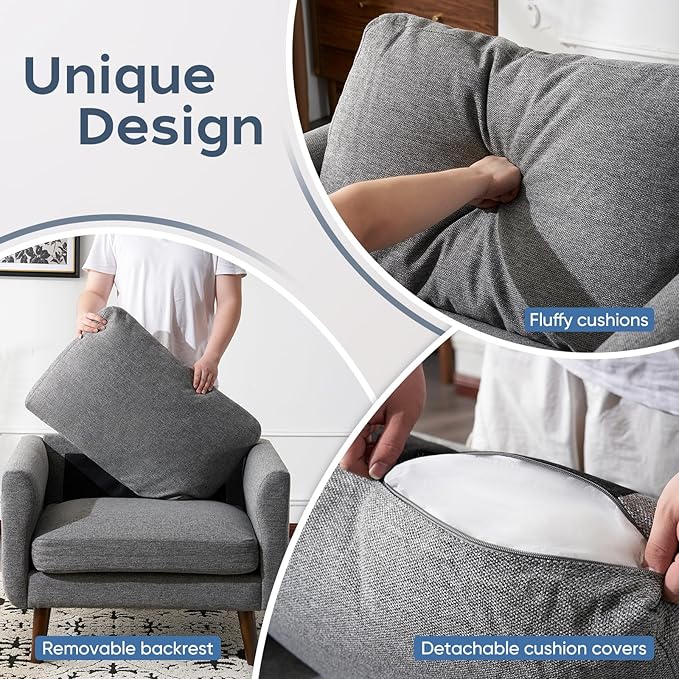 ELUCHANG Accent Chairs Set of 2, Oversized Mid Century Modern Arm Chair, Soft Linen Fabric Sofa Chairs Upholstered Comfy Chair for Living Room Bedroom Apartment (Grey)