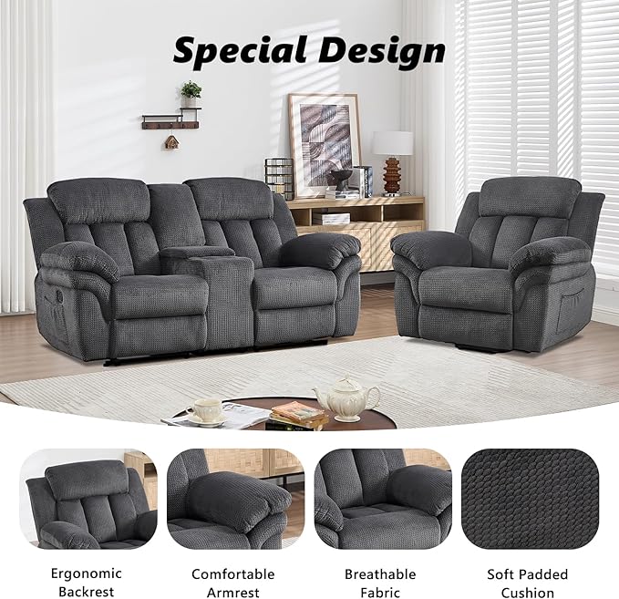 CANMOV Recliner Sofa Set, Oversize Power Lift Recliner Chair and Manual Loveseat with Overstuffed Armrest for Living Room,Bedroom Furniture,Office,1+2 Seat Grey