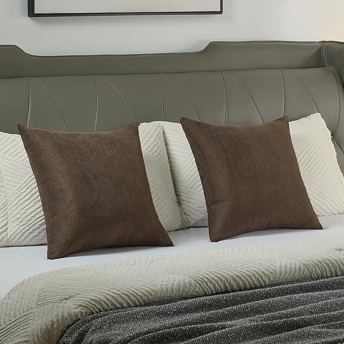 FUTEI Dark Coffee Chenille Throw Pillow Covers 22x22 Inch Set of 2,Soft Wide Chevron Textured Cushion Case,Farmhouse Home Decor for Couch Bed Living Room