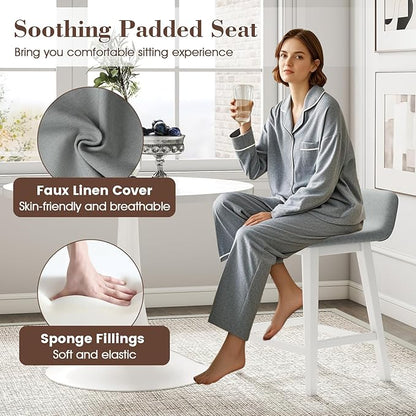 COSTWAY Wooden Counter Stools Set of 2, 24-inch Height Upholstered Padded Seat, Low Backrest, Footrest, Rubber Wood Legs, Armless Barstools for Kitchen Island, Dining Room, White+Gray