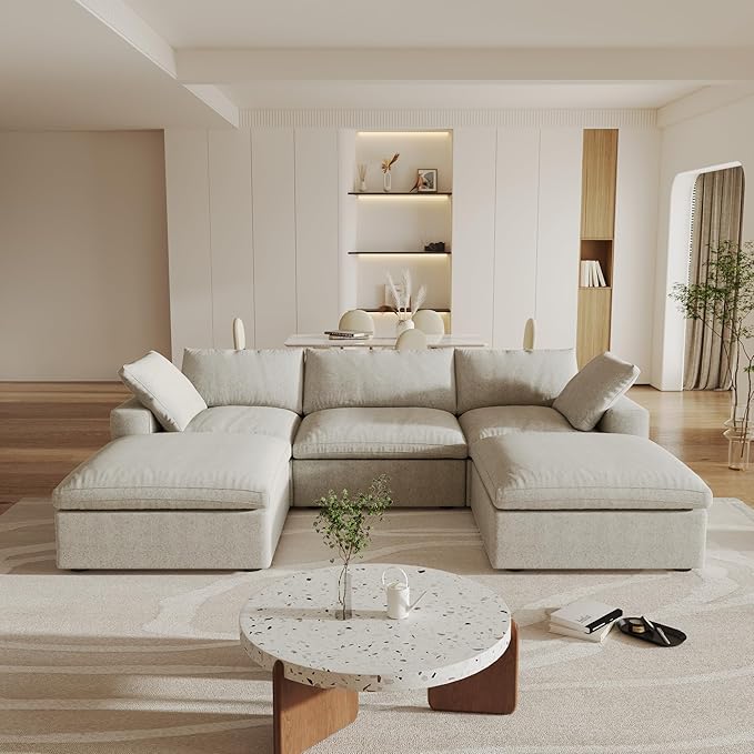 120" Cloud Modular Sectional Sofa with Storage Ottoman,Down Filled Comfort U Shaped Sofa Couch for Living Room,Minimalist Wide Deep Seat 5 Seater Convertible Couches for Office Apartment,Khaki