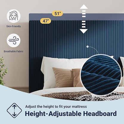 Allewie Full Size Upholstered Bed Frame with Vertical Channel Tufted Headboard, Soft Corduroy Fabric Platform Bed, Strong Wooden Slats Support, Easy Assembly, No Box Spring Needed, Dark Blue