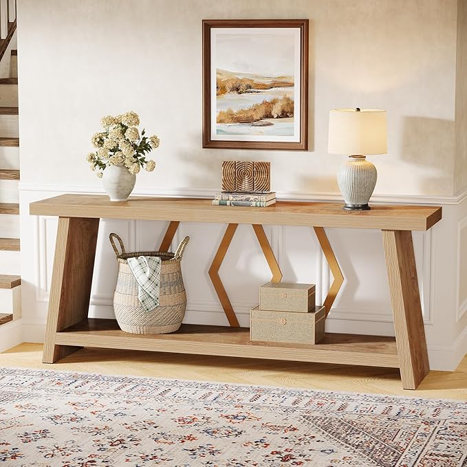 Tribesigns 70.86-Inch Extra Long Console Table for Living Room, 2-Tier Sofa Table Behind Couch with Storage, Wooden Console for Entryway Hallway, Light Oak Brown