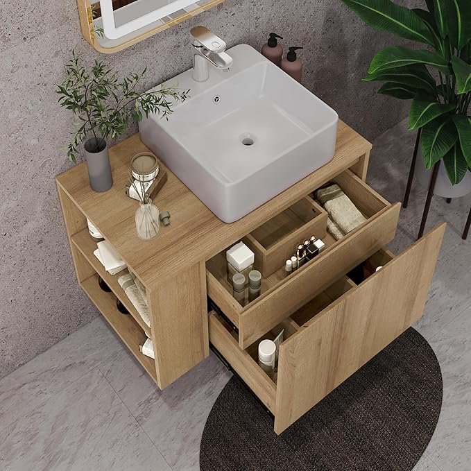 30 Inch Floating Bathroom Vanity with Sink – Wall-Mounted Vanity with Hidden Drawer, Natural Wood Finish, Modern Vessel Sink Vanity for Bathroom(Nature with Sink, 30")