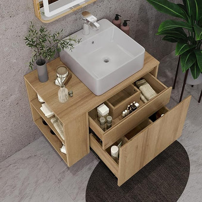 30 Inch Floating Bathroom Vanity with Sink – Wall-Mounted Vanity with Hidden Drawer, Natural Wood Finish, Modern Vessel Sink Vanity for Bathroom(Nature with Sink, 30")