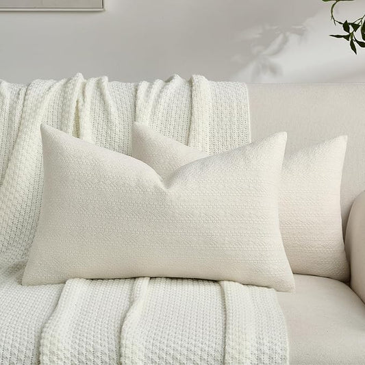 FUTEI Cream Chenille Throw Pillow Covers 12x20 Inch Set of 2,Soft Striped & Diamond Textured Lumbar Pillow Cases,Modern Home Decor for Couch Living Room