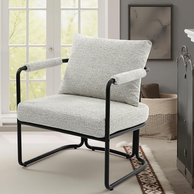 Single Accent Chair for Living Room, Mid Century Modern Upholstered Reading Armchair for Bedroom, Office, with Comfy Chenille Cushion Back & Metal Frame, Light Grey