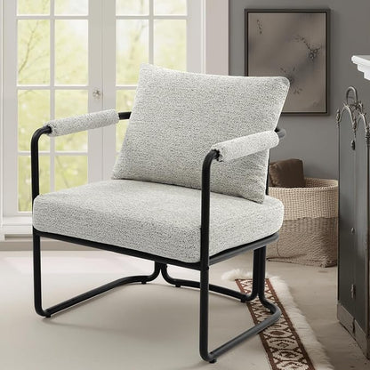 Single Accent Chair for Living Room, Mid Century Modern Upholstered Reading Armchair for Bedroom, Office, with Comfy Chenille Cushion Back & Metal Frame, Light Grey