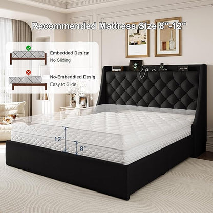 Full Size Upholstered Platform Bed Frame with 4 Storage Drawers and Charging Station, Linen Button Tufted Wingback Headboard, Sturdy Wooden Support Slats, No Box Spring Needed, Black