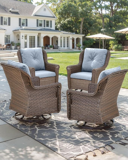 Patio Chairs Outdoor Swivel Glider - Set of 4 High Back Outside Brown Wicker Rattan Rocking Chair with Thick Cushion for Porch Apartment Deck Yard Poolside Garden - Baby Blue