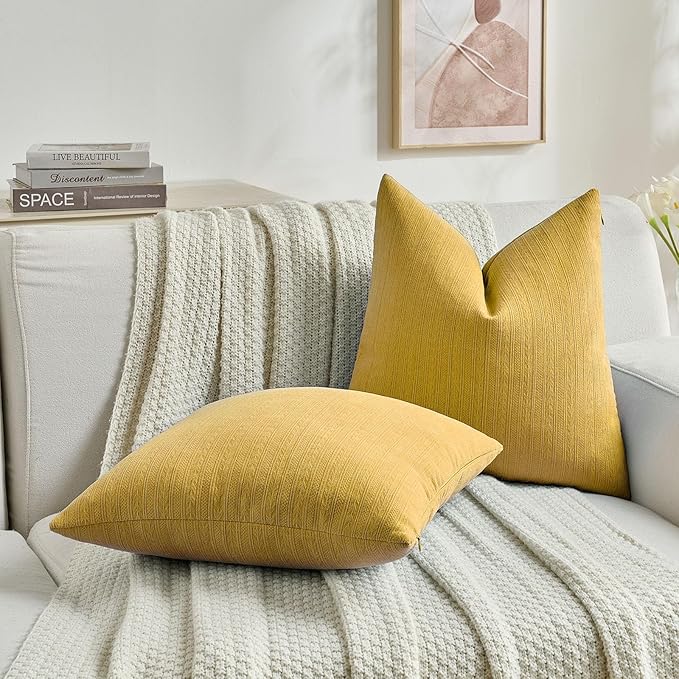 FUTEI Mustard Yellow Decorative Throw Pillow Covers 22x22 Inch Set of 2,Soft Cozy Wheat Ear Striped Patterns Cushion Cases,Modern Home Decor for Couch Bed Living Room