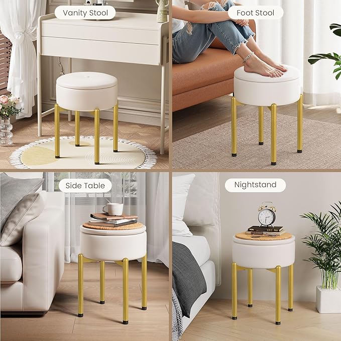 18-Inch Leather Vanity Stool Chair with Storage, Vanity Bench with 4 Golden Metal Legs & Anti-Slip Adjustable Feet,Round Storage Ottoman Stool with Removable Soft Padded Seat, White