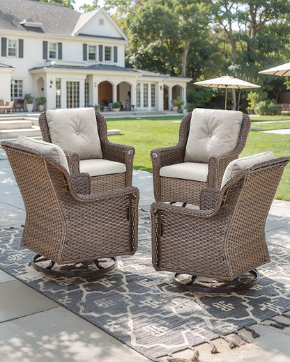 Patio Chairs Outdoor Swivel Glider - Set of 4 High Back Outside Brown Wicker Rattan Rocking Chair with Thick Cushion for Porch Apartment Deck Yard Poolside Garden - Beige