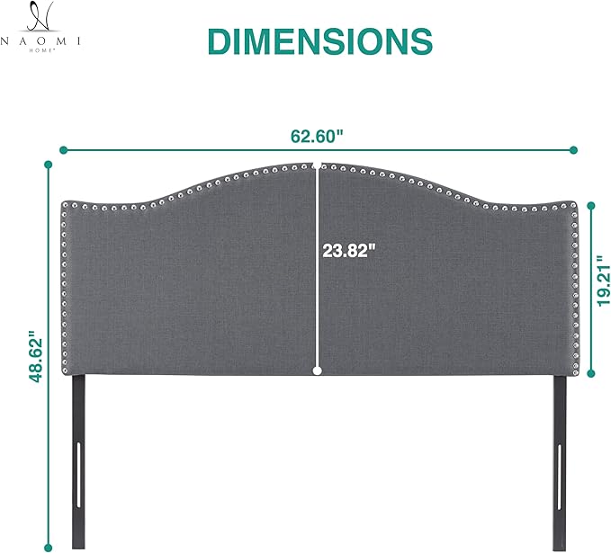 Naomi Home Catalina Queen Headboard – Adjustable Linen Upholstered Tufted Panel with 12 Height Settings, Wall-Mount or Bed Frame Mount, Sturdy Wood Frame, Nailhead Trim – Light Gray
