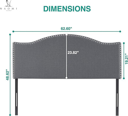 Naomi Home Catalina Queen Headboard – Adjustable Linen Upholstered Tufted Panel with 12 Height Settings, Wall-Mount or Bed Frame Mount, Sturdy Wood Frame, Nailhead Trim – Light Gray